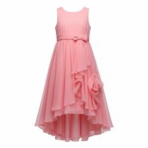Girls Coral Pink Chiffon Party Dress Size 8 Sleeveless Layered Bow Zip Back